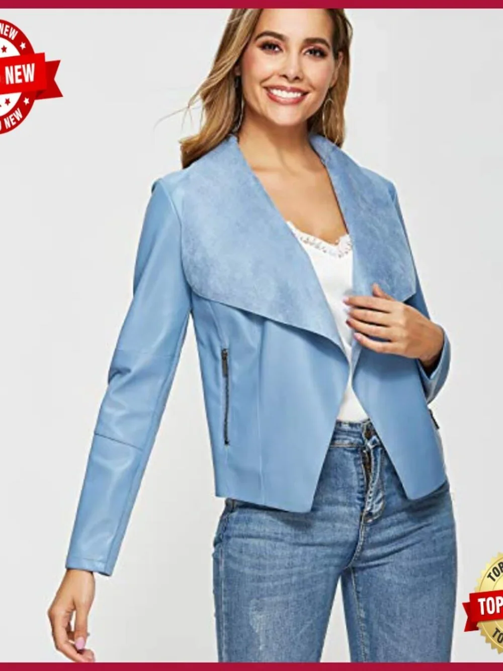 Faux Leather Blazer Jacket Slim Fit Open Front Lapel